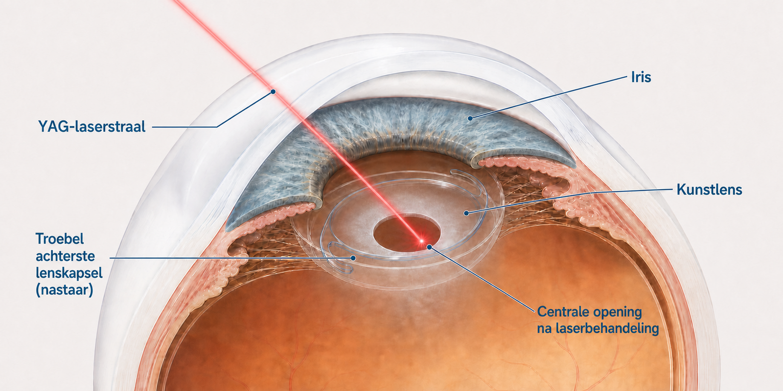 YAG-capsulotomie bij nastaar: de laser maakt een centrale opening in het troebele achterste lenskapsel.